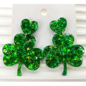 Green Shamrock Clover Heart Drop Earrings St Patricks Day Star Glitter Acrylic